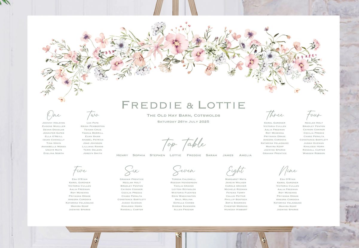 Pink Wild Flower Wedding Table Plan