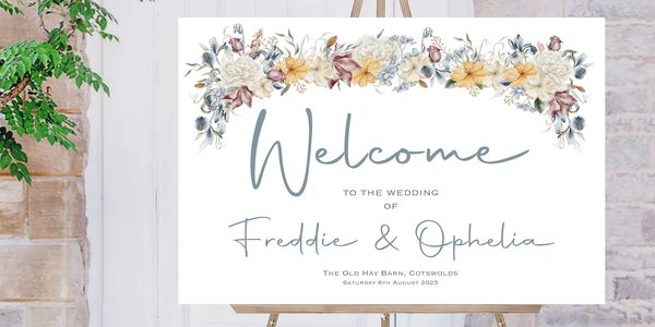 Wedding welcome sign with floral design.