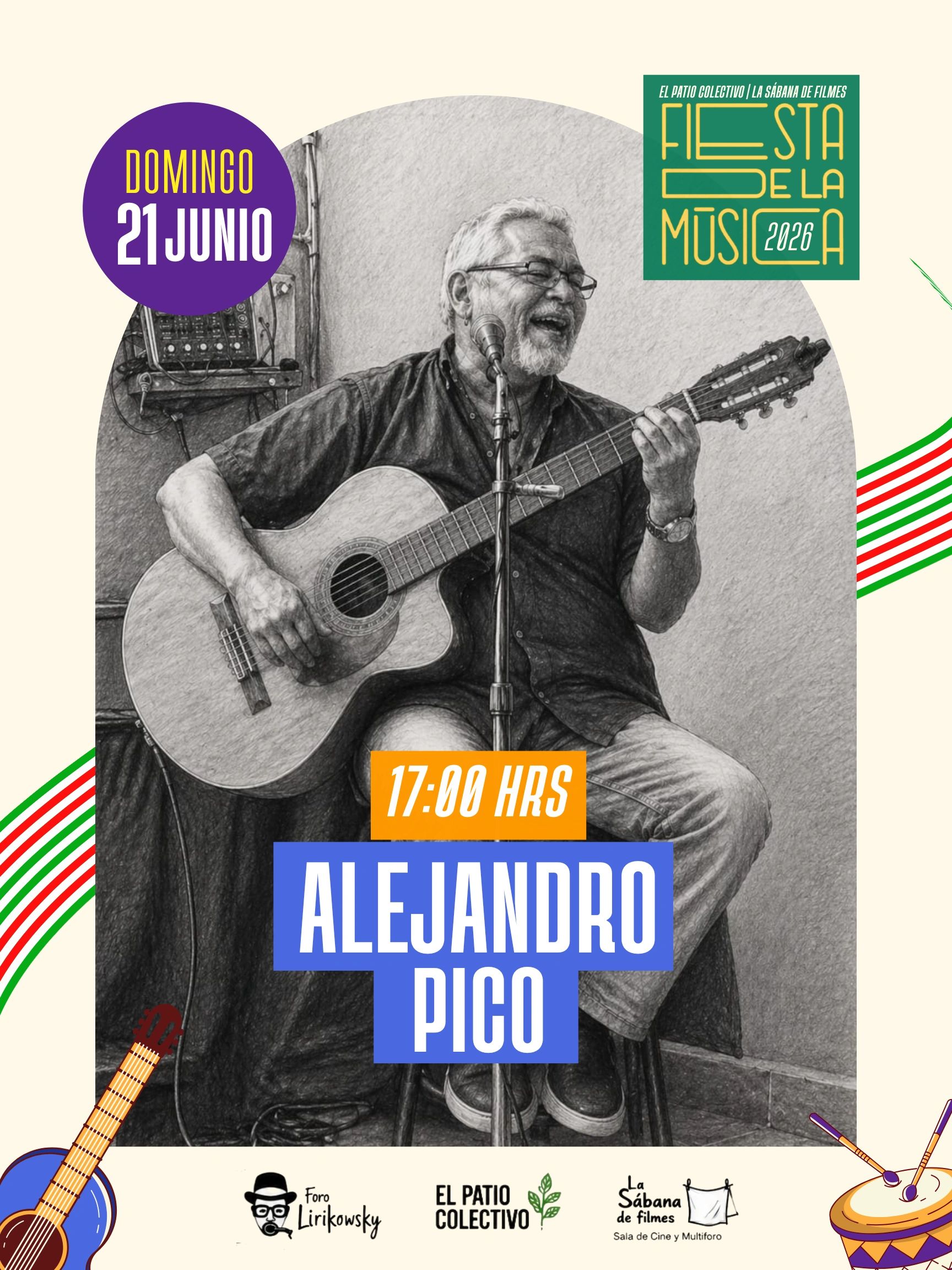 Alejandro Pico performing live with guitar on June 21 at 17:00 hrs.
