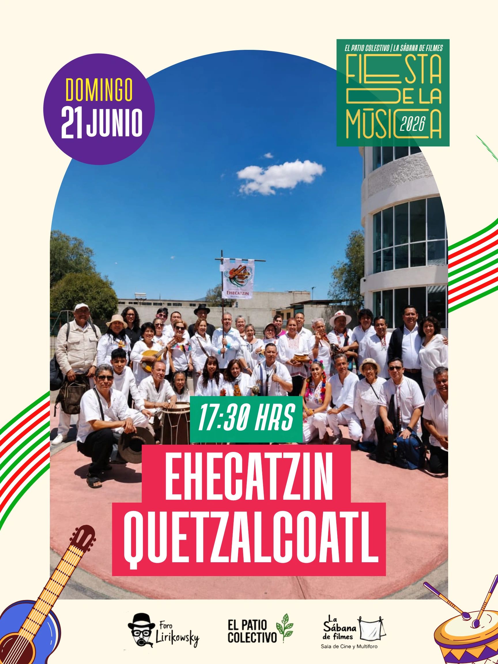 Group photo promoting Fiesta de la Música 2026 event on June 21 at 17:30 hrs.