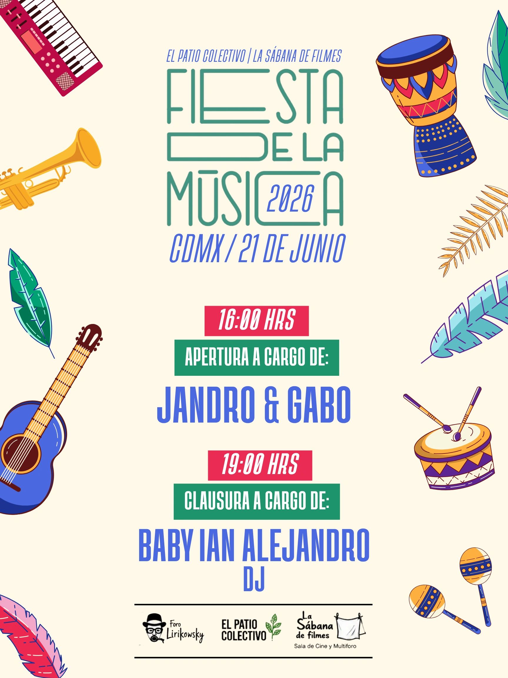 Poster for Fiesta de la Música 2026 in CDMX on June 21st with music performances and DJ.