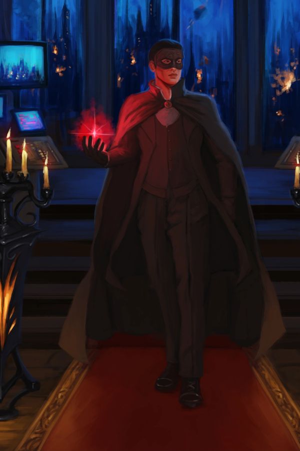 Masked figure with glowing red light in a dark room.