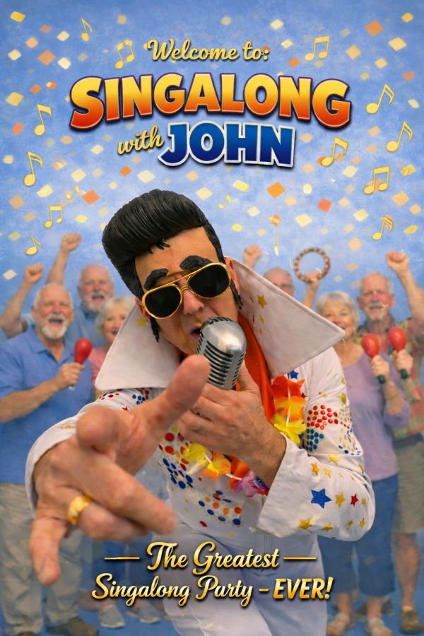 Entertainer John leads a lively singalong party with joyful seniors.