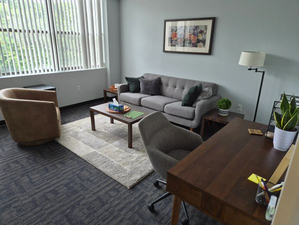 Modern office with sofa, armchair, desk, and plants.