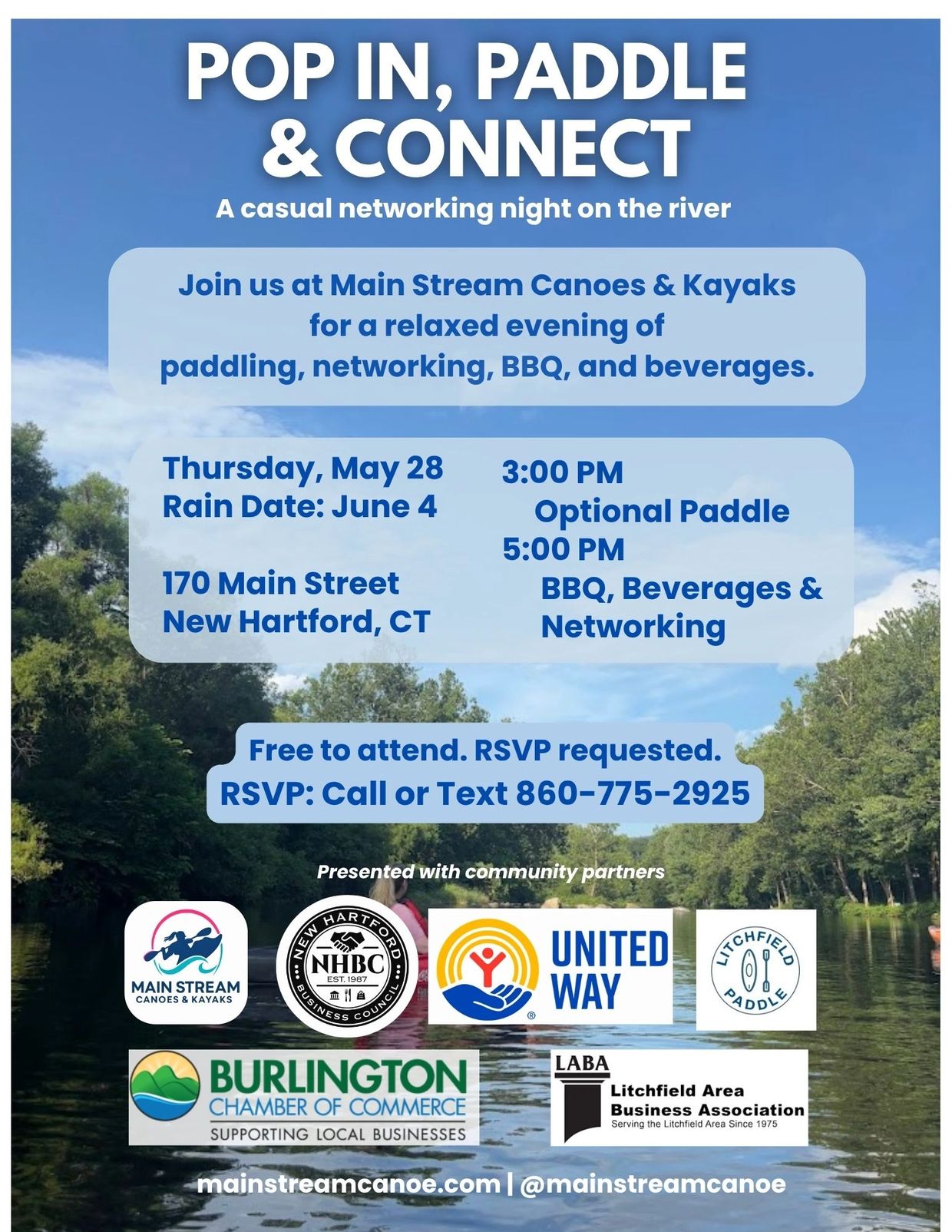 Casual networking night with paddling, BBQ, and beverages at Main Stream Canoes &amp; Kayaks.