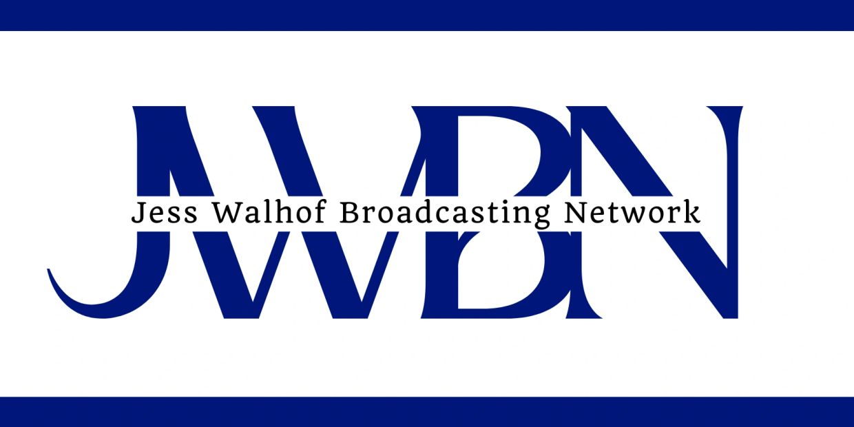 Logo of Jess Walhof Broadcasting Network with blue letters and white background.