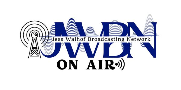 Logo for Jess Walhof Broadcasting Network with radio tower and sound waves.
