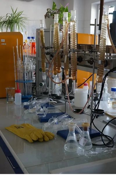 Laboratory setup with glassware and yellow gloves.