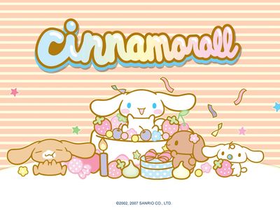 Cute Cinnamoroll characters celebrating with sweets and confetti.