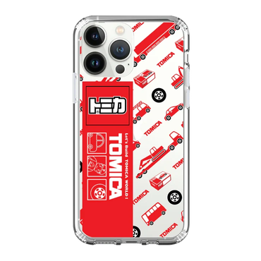 Clear phone case with red and white Tomica car-themed design.