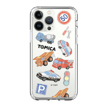 Clear phone case decorated with colorful vehicle and road sign stickers.