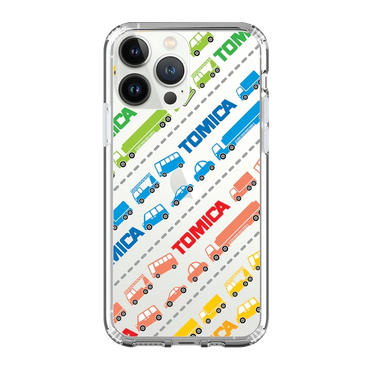 Clear phone case with colorful toy vehicle patterns and Tomica branding.