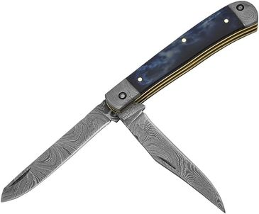  Knives Ranch Double Blade Handmade Damascus Steel Trapper Folding Pocket Knife with Blue Dyed Natur