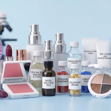 Various cosmetic products and chemical test bottles.