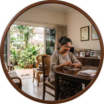 Woman sitting at a table in a cozy room with plants outside.
