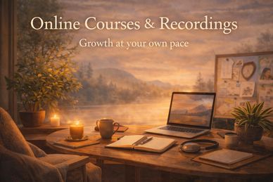 Cozy workspace by the window with candles, plants, and a laptop for online courses.