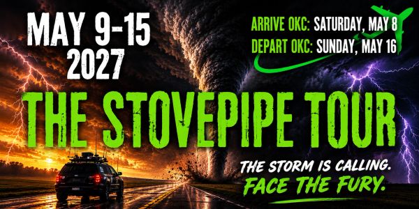 The Stovepipe Tour storm chasing event May 9-15, 2027, in Oklahoma City.