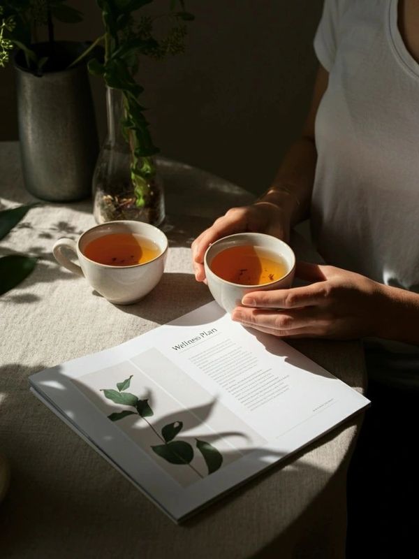 A person holding a cup of tea near a wellness plan booklet on a table.