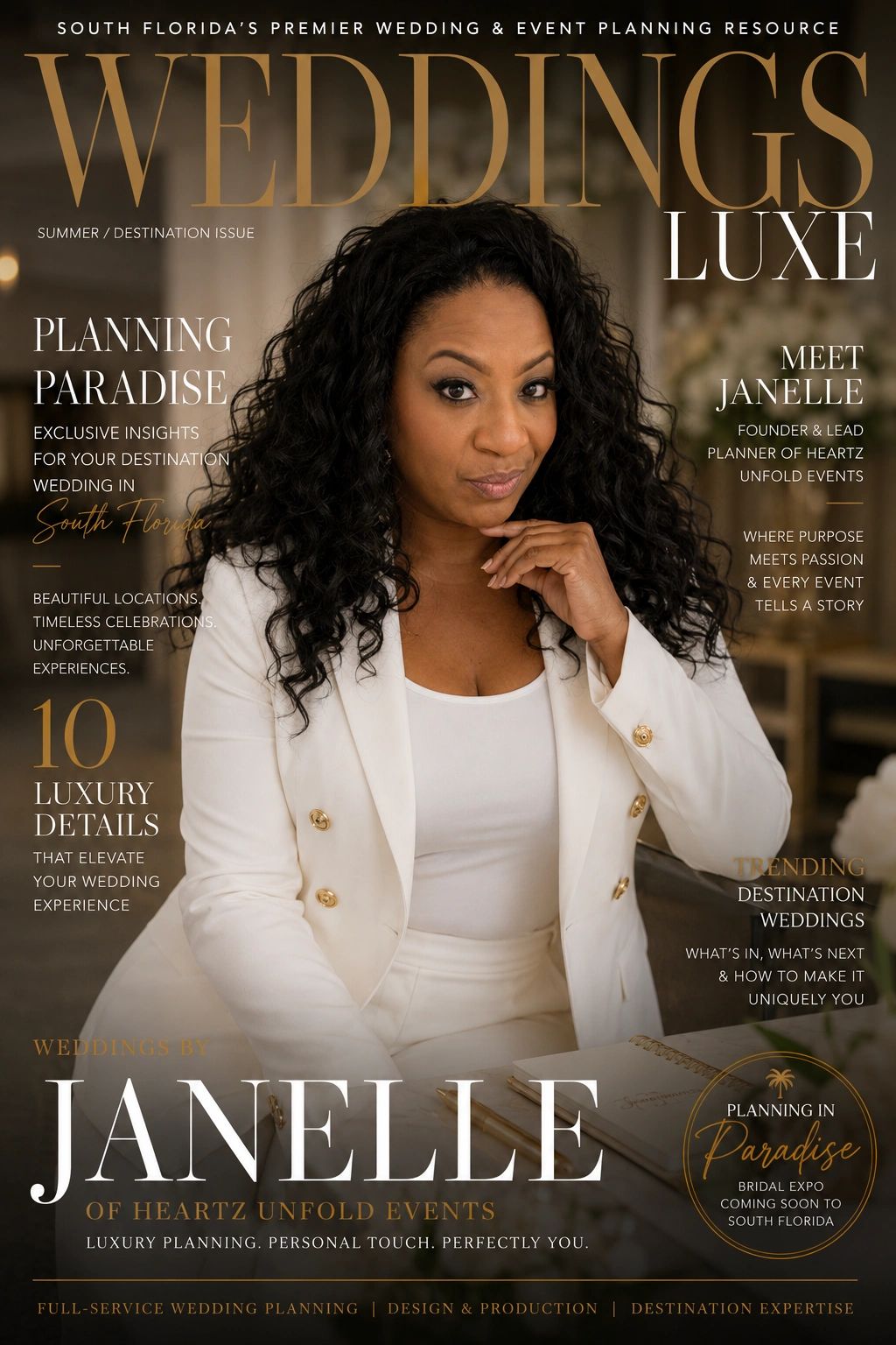 Janelle, a confident wedding planner, featured on a luxe wedding magazine cover.