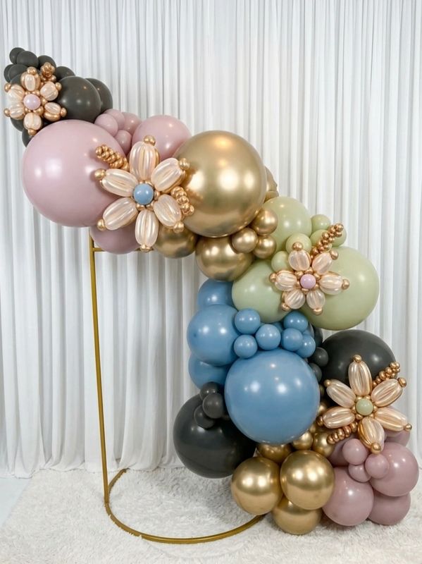 Elegant balloon arch with pastel and gold tones, decorated with balloon flowers.