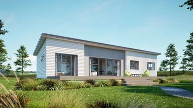 Modern single-story house with large windows and a flat roof.