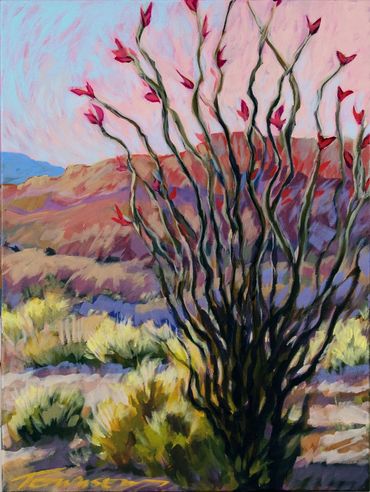 Painting of a desert plant with red flowers against a mountainous backdrop.