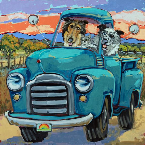 Colorful painting of dogs and a cat riding in a vintage blue truck.