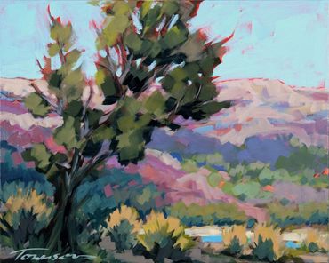 Impressionist painting of a tree with colorful hills in the background.
