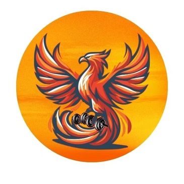 Stylized phoenix rising with vibrant orange and red hues against a round orange background.