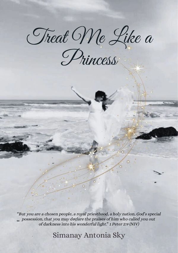A woman joyfully dances on the beach with a magical sparkle effect and the phrase 'Treat Me Like a Princess'.