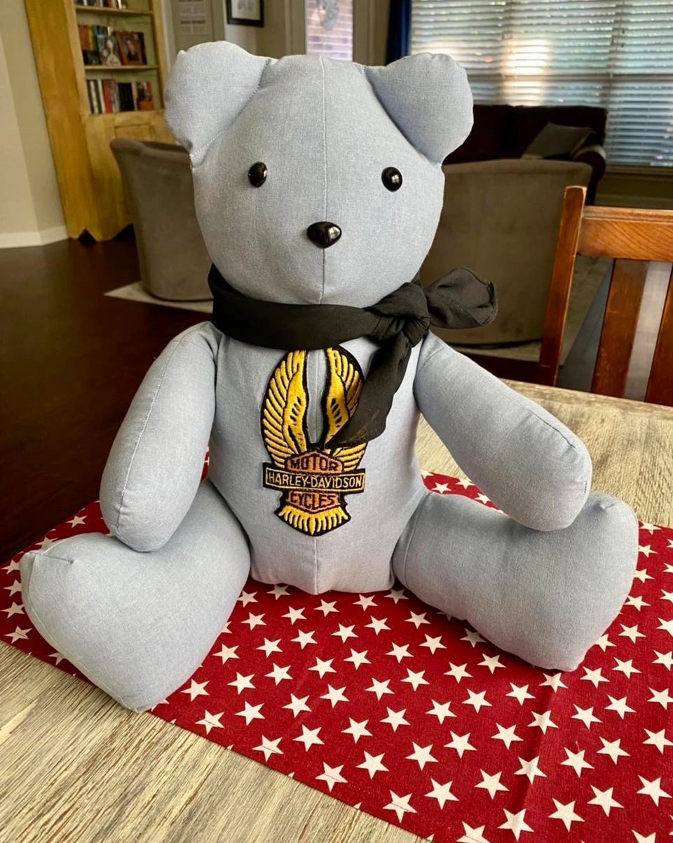 Memory Bear made from a man's button up shirt and a patch from his Harley jacket