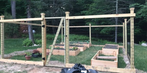 Newly fenced garden with raised wooden beds and potted plants inside.
