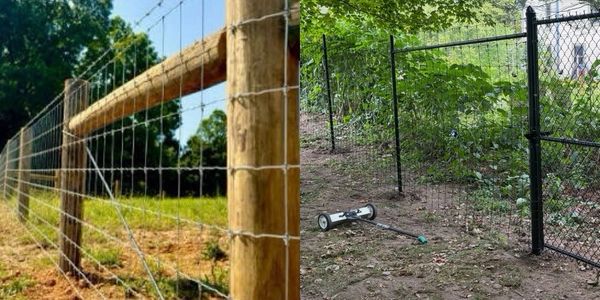 Two types of fences: wooden post with wire mesh and black chain-link fence in a garden.