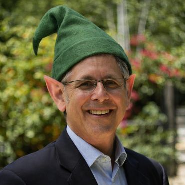 Smiling man wearing a green elf hat and glasses outdoors.