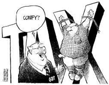 Cartoon showing a government official asking if a tied-up man is comfy.