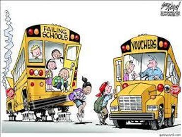 Two school buses labeled 'Failing Schools' and 'Vouchers' with children switching buses.