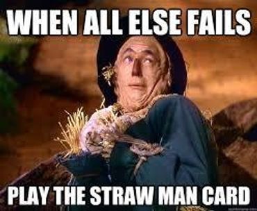 A meme featuring the Scarecrow from The Wizard of Oz with a caption about playing the straw man card.