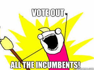 Cartoon character enthusiastically shouting to vote out all incumbents.