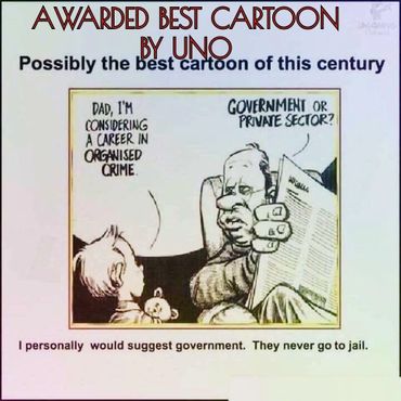 Cartoon showing a child considering organized crime, with the father suggesting government work instead.