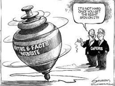 A spinning top labeled 'Myths & Facts Website' with two men, one saying it's easy with the right spin.