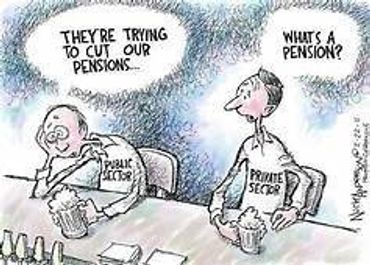 Cartoon contrasting public and private sector views on pensions.