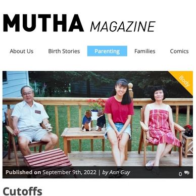 A girl in a red shirt and jean cutoffs, flanked by her parents.