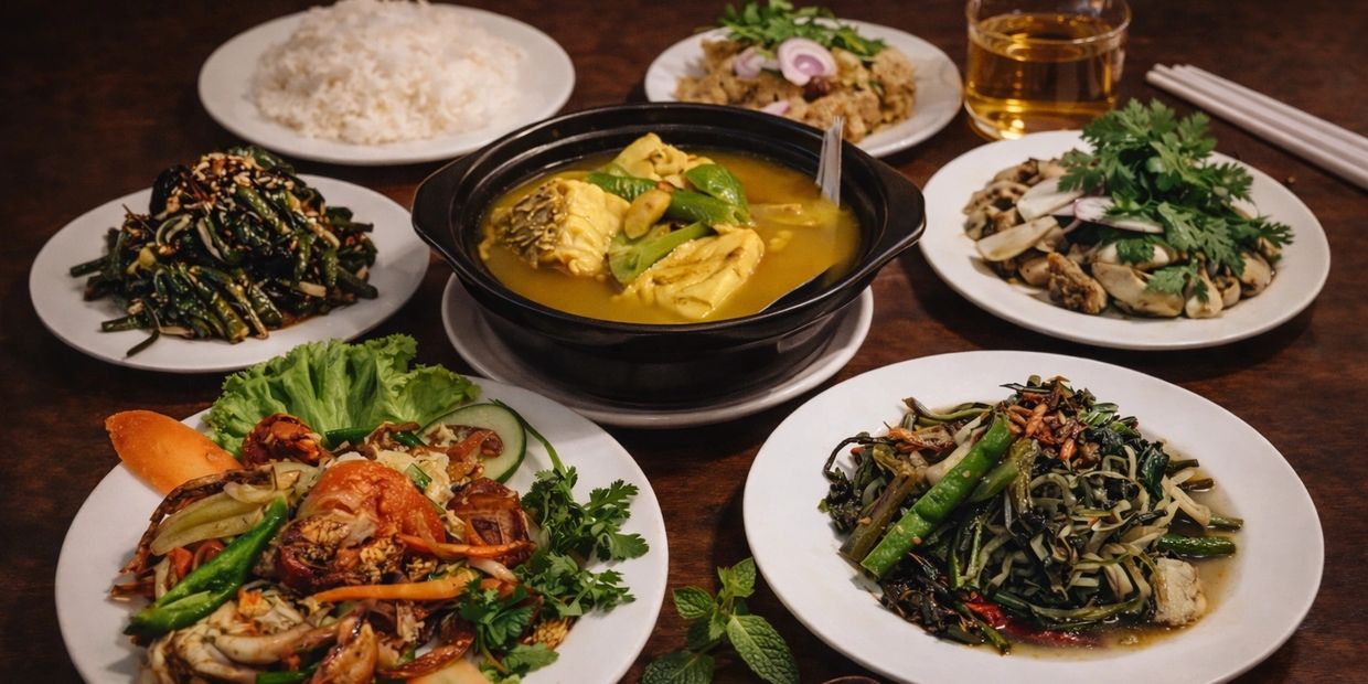 A variety of beautifully plated Southeast Asian dishes on a wooden table.