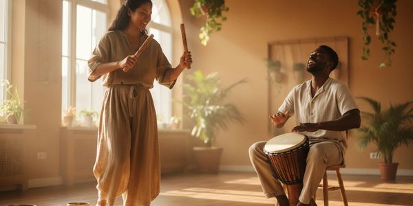 Two people joyfully playing percussion instruments in a sunlit room.