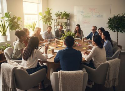 Diverse team collaborating in a bright, plant-filled meeting room with strategy notes on a whiteboard.