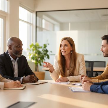 Diverse professionals engaged in a business meeting in a bright office.