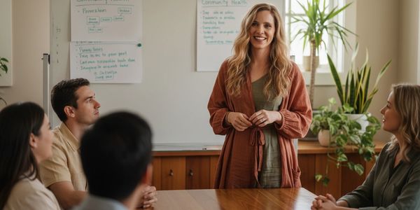 A woman leading a community health meeting with attentive participants.