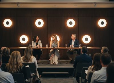 Panel discussion with three speakers in front of an audience in a modern conference room.