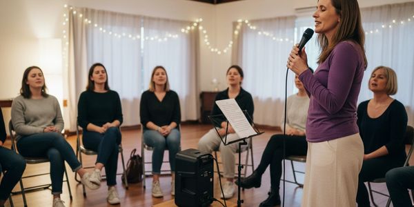 A woman leads a singing group in a cozy room with string lights.