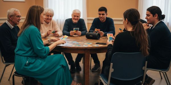 A group of people of various ages enjoying a card game around a table indoors.
